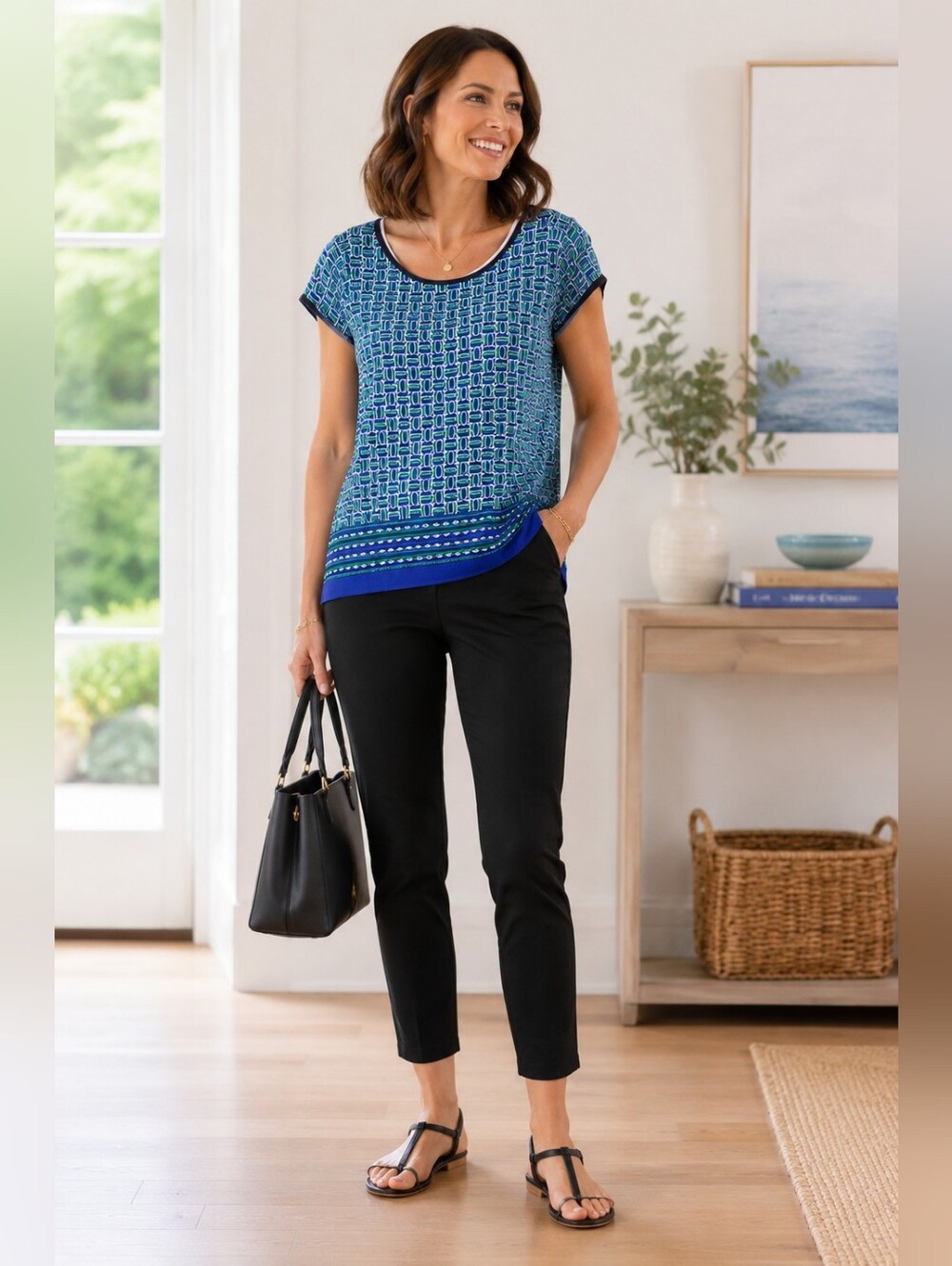 Pim + Larkin Short Sleeve Satin Blouse in Blue & Green Geometric Print Women's M